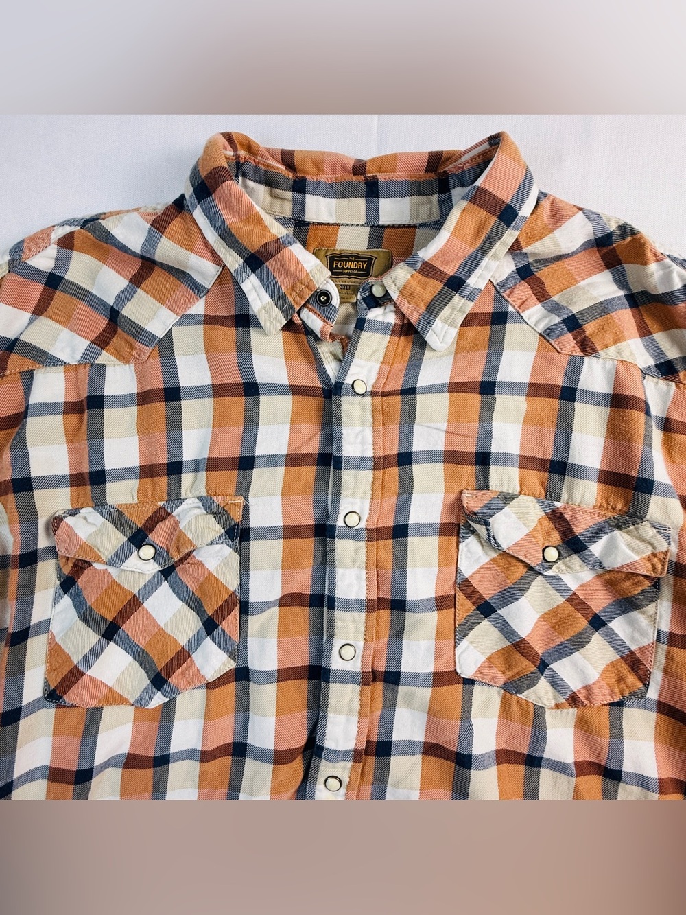 The Foundry Supply Co Men’s 3XLT Plaid Western Pearl Snap Shirt Orange Navy